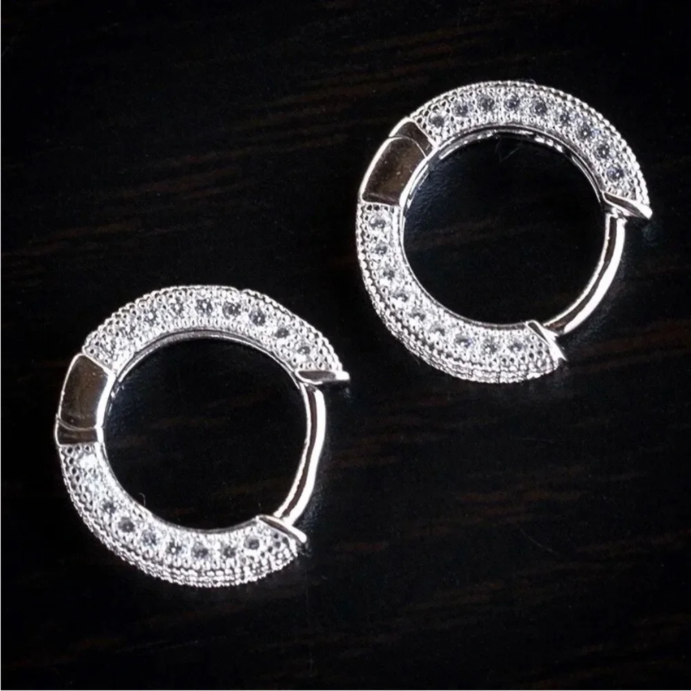 New Sterling Silver Sim. Diamonds Slim Huggie Studs